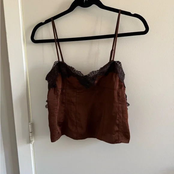 Free People Rust Brown Satin Cami with Black Lace Trim - Picture 2 of 3